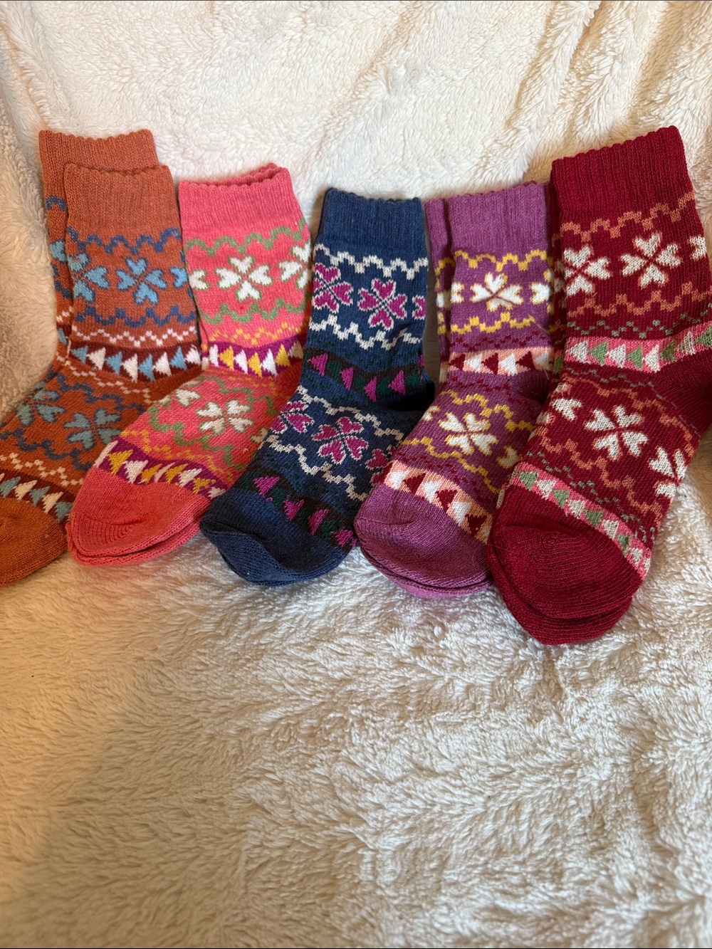 Cozy Fair Isle Crew Socks - Pink, Navy, Purple, Orange, Red